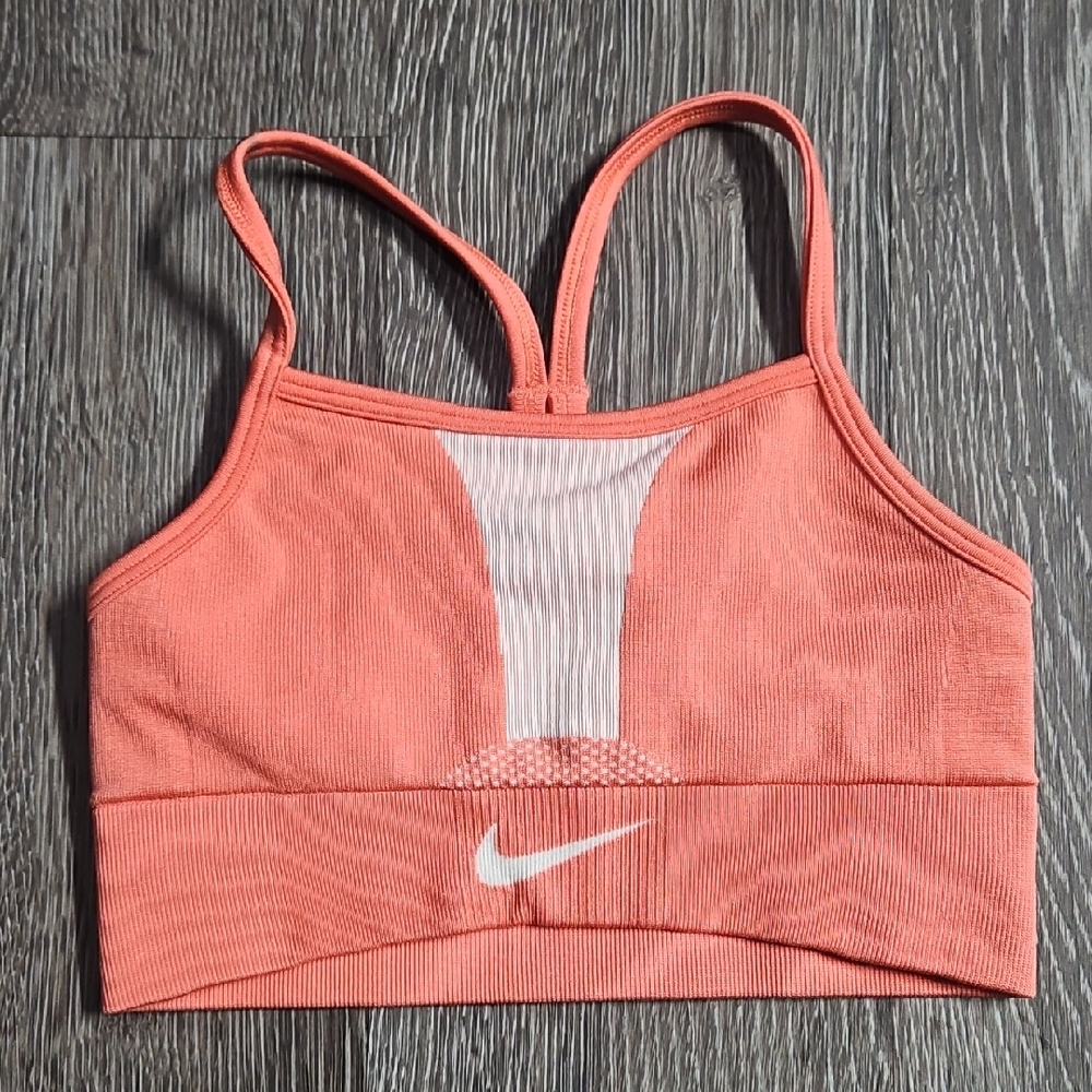 Nike Coral-Pink Strappy Sports Bra with White Swoosh